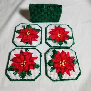 Vintage Handmade Coaster Set 4 Festive Red and Green Poinsettia Plastic Canvas